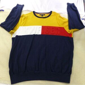 Tommy Hilfiger Colorblock Spellout Crewneck Knit Sweater XL Yellow Navy Red Cott